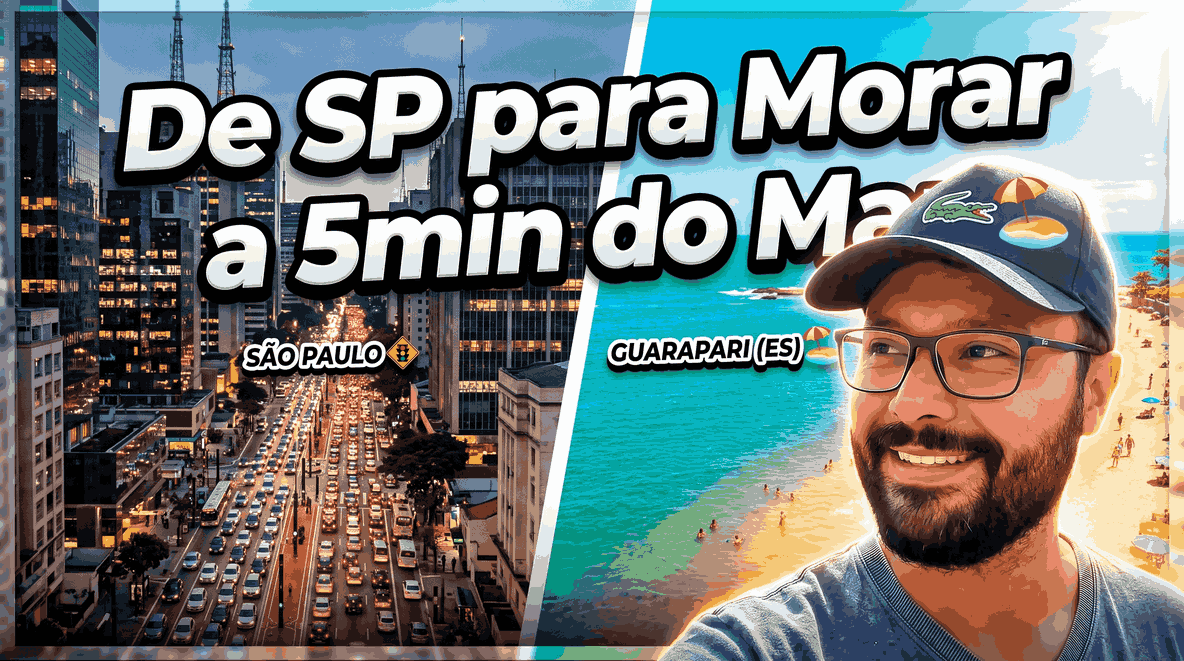 Homem sorrindo com óculos e boné. Ao fundo, uma montagem contrastando o trânsito congestionado de São Paulo com uma praia ensolarada em Guarapari, com o texto "De SP para Morar a 5min do Mar", ilustrando a mudança de vida através do trabalho online.